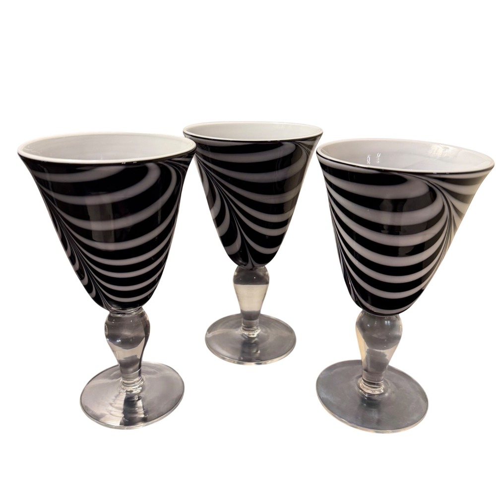 Vtg Murano Style Hand Blown Art Glass Zebra Pattern 7" Wine Goblets Set of 3
